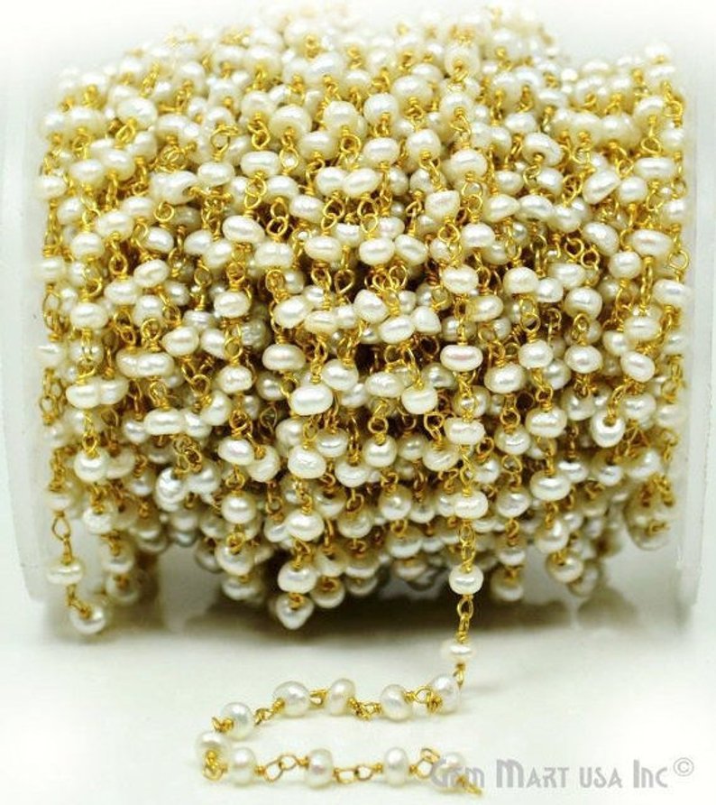 Pearl 4mm Gold Plated Faceted Rondelle Beads Rosary Chain - GemMartUSA