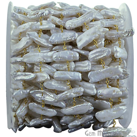 White Pearl 16-20mm Gold Plated Wire Wrapped Rosary Chain - GemmartUSA