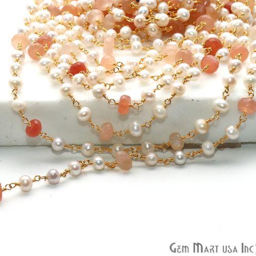 Sunstone 6-7mm, Pearl 5mm Beaded Gold Plated Wire Wrapped Rosary Chain