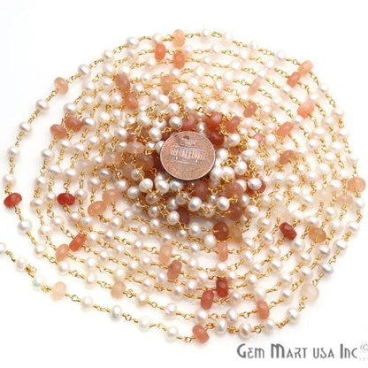 Sunstone 6-7mm, Pearl 5mm Beaded Gold Plated Wire Wrapped Rosary Chain