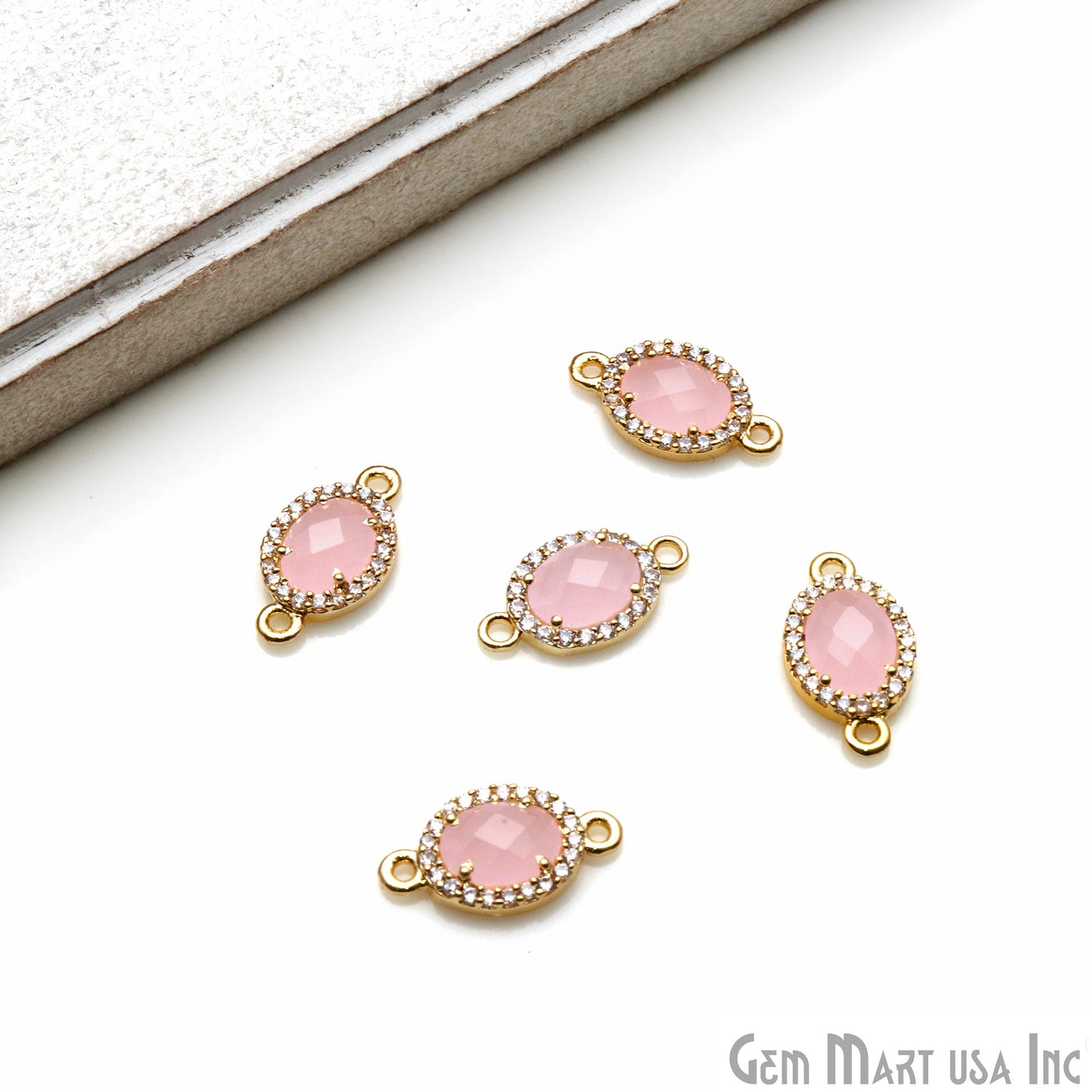 Oval 7x5mm Gold Prong Setting Cubic Zircon Pave Connectors (Pick Stone) - GemmartUSA