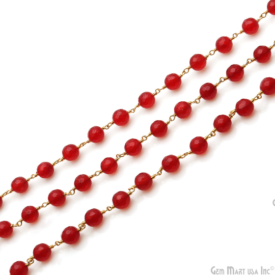 Red Jade 8mm Round Gold Plated Wire Wrapped Rosary Chain