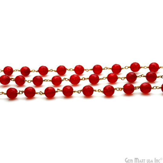 Red Jade 8mm Round Gold Plated Wire Wrapped Rosary Chain