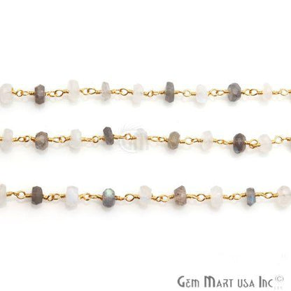 Labradorite,Rainbow Moonstone 5-6mm Beaded Gold Plated Wire Wrapped Rosary Chain