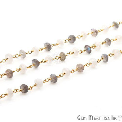 Labradorite,Rainbow Moonstone 5-6mm Beaded Gold Plated Wire Wrapped Rosary Chain