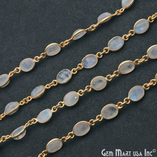 Rainbow Cabochon Oval 7x5mm Gold Plated Bezel Continuous connector Chain - GemMartUSA