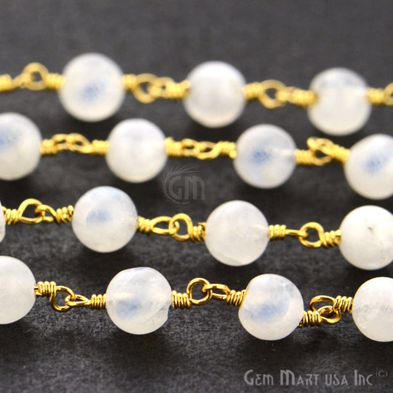 Rainbow Moonstone Jade Faceted Beads 6mm Gold Plated Wire Wrapped Rosary Chain - GemMartUSA