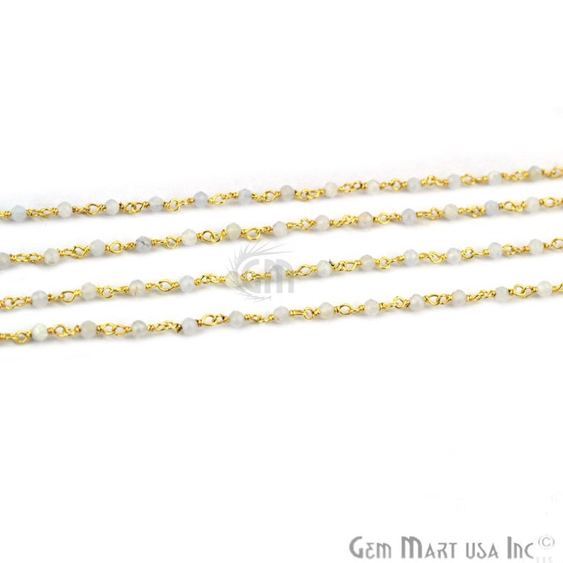 Rainbow Moonstone Beads 2mm Gold Plated Wire Wrapped Rosary Chain - GemMartUSA