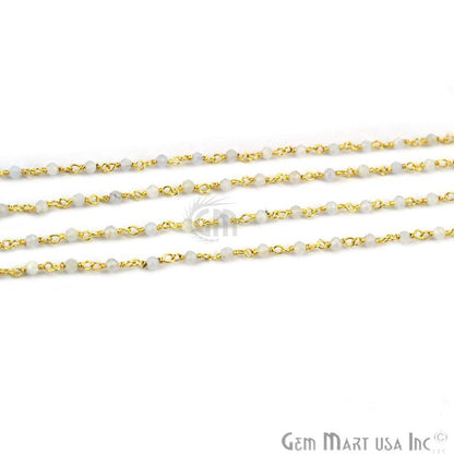 Rainbow Moonstone Beads 2mm Gold Plated Wire Wrapped Rosary Chain - GemMartUSA