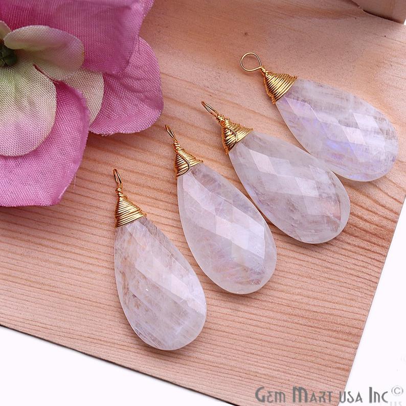 Rainbow Moonstone Pear 37x15mm Gold Wire Wrapped Gemstone Connector - GemmartUSA