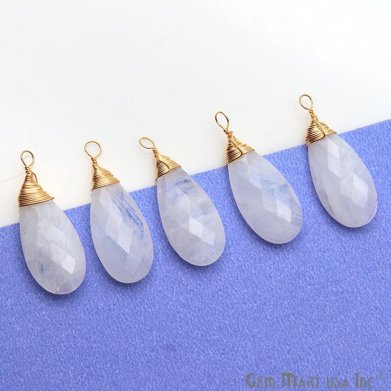 Rainbow Moonstone 31x12mm Pear Shaped Gold Wire Wrapped Connector - GemmartUSA