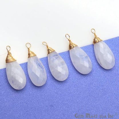 Rainbow Moonstone 31x12mm Pear Shaped Gold Wire Wrapped Connector - GemmartUSA