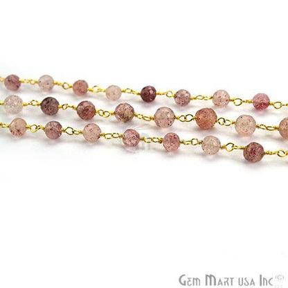 Strawberry Quartz Gold Plated Wire Wrapped Beads Rosary Chain (763700117551)