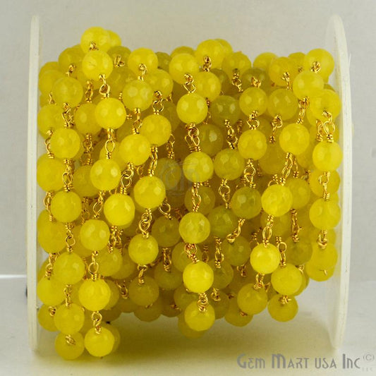 Yellow Jade Faceted Beads 8mm Gold Plated Wire Wrapped Rosary Chain - GemMartUSA