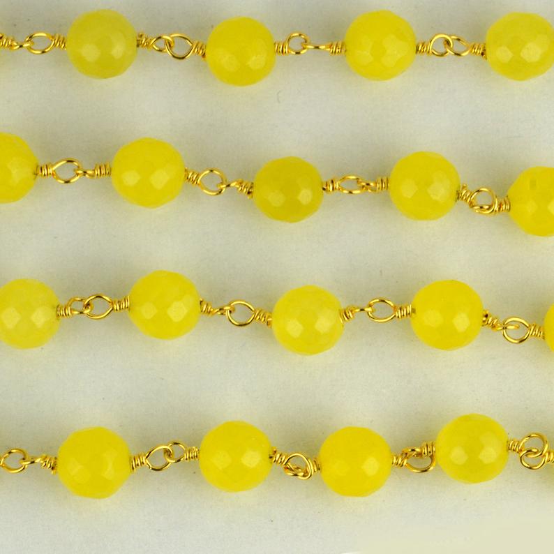 Yellow Jade Faceted Beads 8mm Gold Plated Wire Wrapped Rosary Chain - GemMartUSA