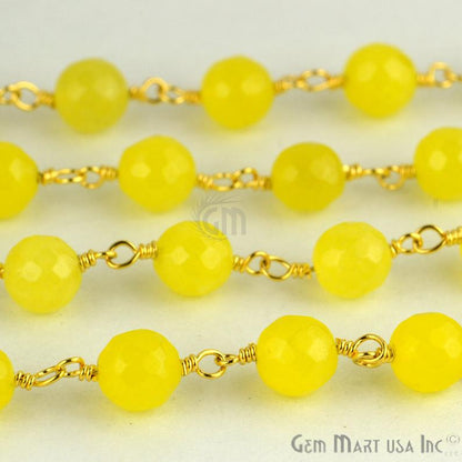 Yellow Jade Faceted Beads 8mm Gold Plated Wire Wrapped Rosary Chain - GemMartUSA