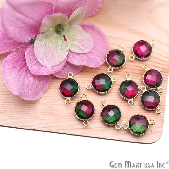Green & Pink Quartz 10mm Round Gold Plated Double Bail Connector - GemMartUSA