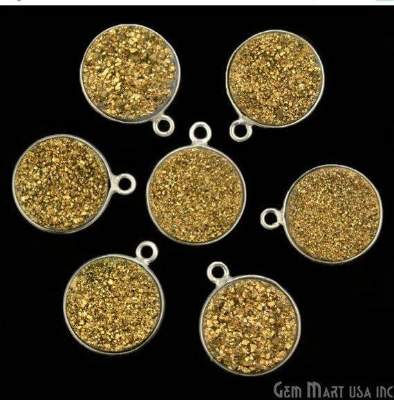 Natural Titanium Silver Druzy 12mm Round Single Bail Bezel Gemstone Connector