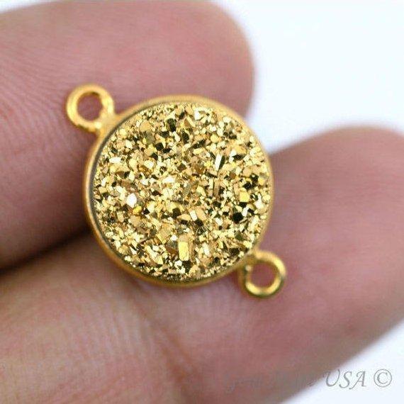 Natural Titanium Gold Druzy 12mm Round Double Bail Bezel Gemstone Connector
