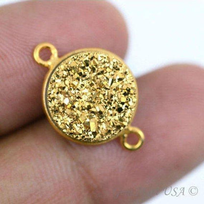Natural Titanium Gold Druzy 12mm Round Double Bail Bezel Gemstone Connector