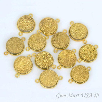 Natural Titanium Druzy 14mm Round Gold Double Bail Gemstone Connector