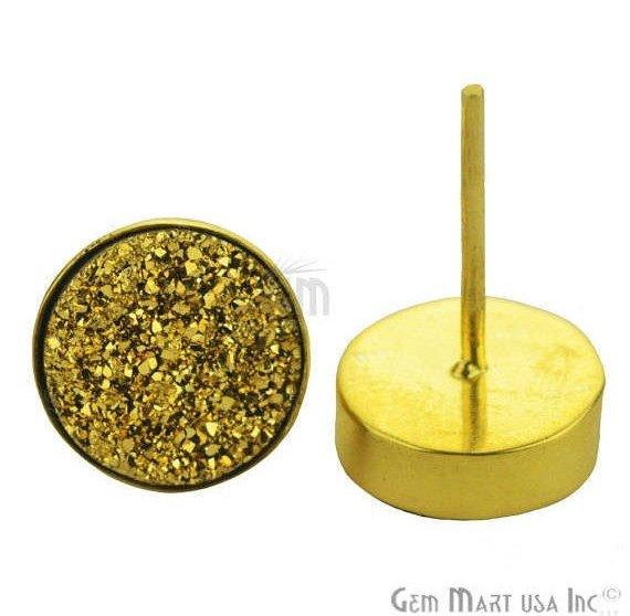 Round Shape 10mm Gold Plated Druzy Stud Earrings 1 Pair (Pick your Gemstone) - GemMartUSA