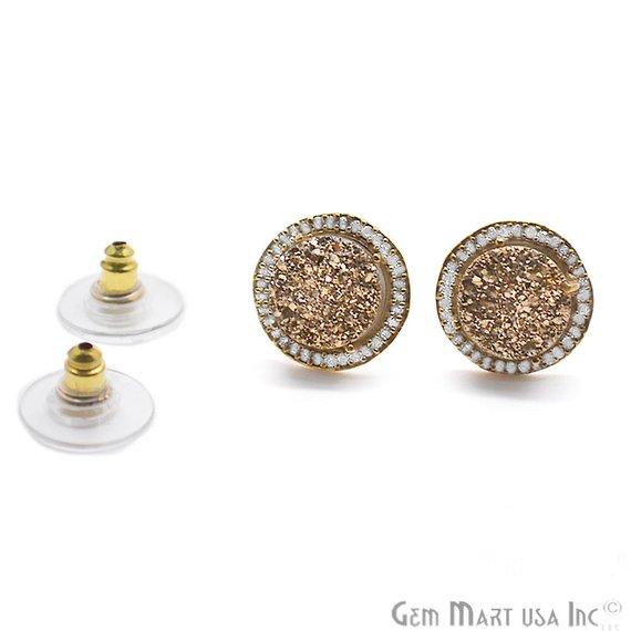 CZ Pave Round 10mm Gold Plated Druzy Gemstone Stud Earring Choose Your Gemstone - GemMartUSA