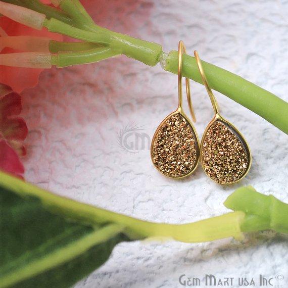 Druzy Earring 15x12mm Pears Gold Plated Gemstone Dangle Hook Earring Choose Your Style - GemMartUSA