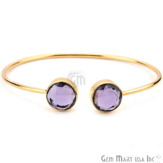 Double Gemstone 12mm Round Shape Gold Adjustable Bangle Bracelet (Choose Gemstone) - GemMartUSA