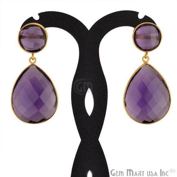 Pear and Round Shape 21x46mm Gold Plated Gemstone Dangle Studs (Pick your Gemstone) (90014-1) - GemMartUSA