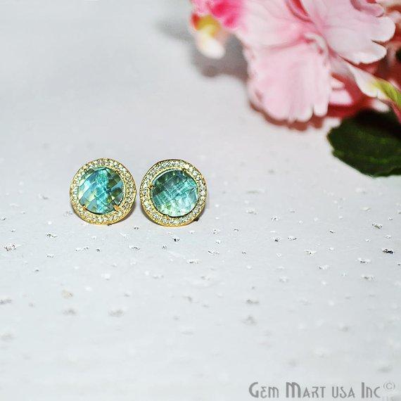 CZ Pave Round 10mm Gold Plated Gemstone Stud Earring Choose Your Gemstone (90037-1) - GemMartUSA