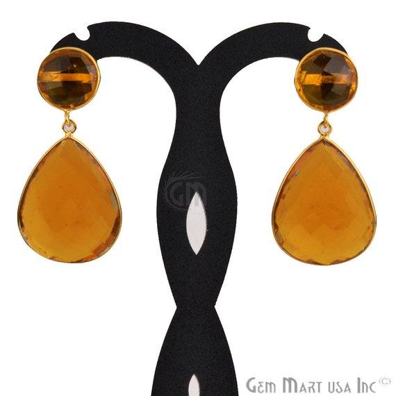 Pear and Round Shape 21x46mm Gold Plated Gemstone Dangle Studs (Pick your Gemstone) (90014-1) - GemMartUSA