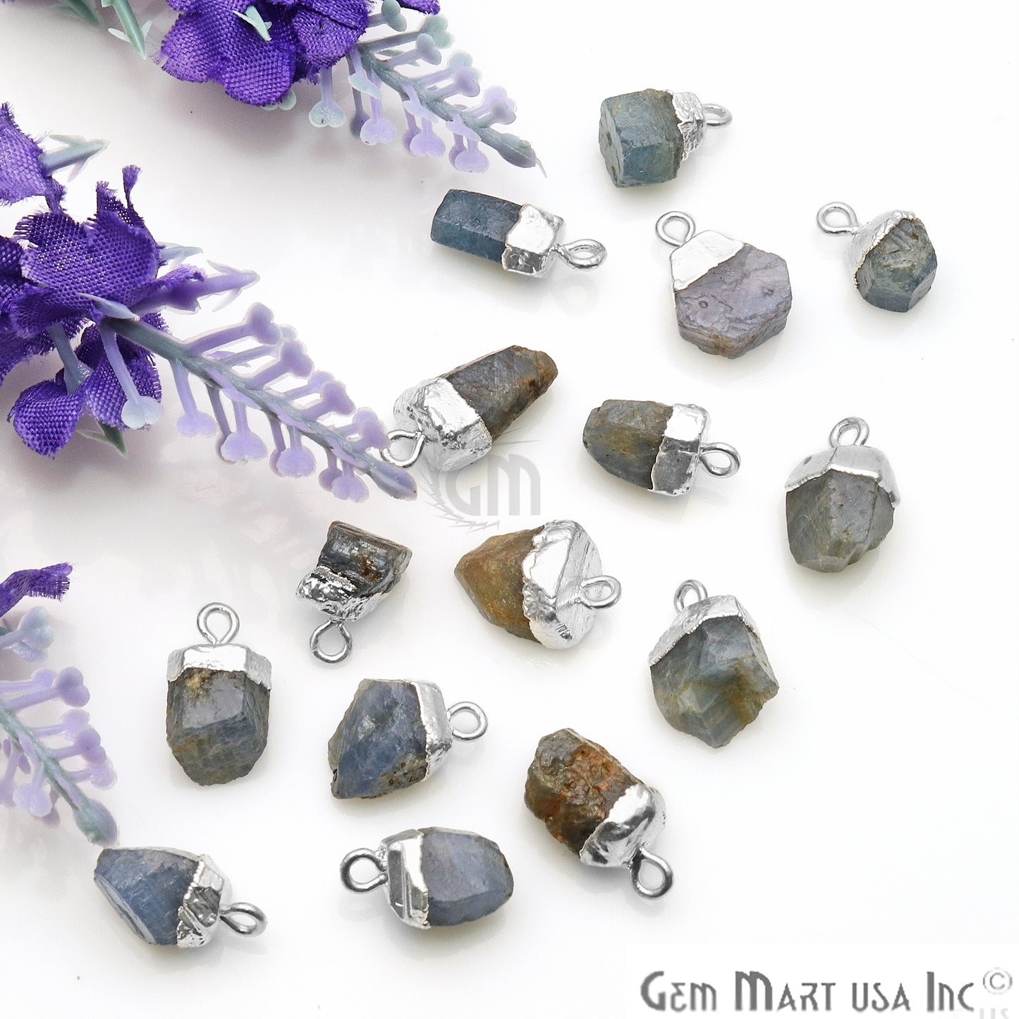 Rough Sapphire Gemstone 14x9mm Organic Silver Edged Connector - GemMartUSA