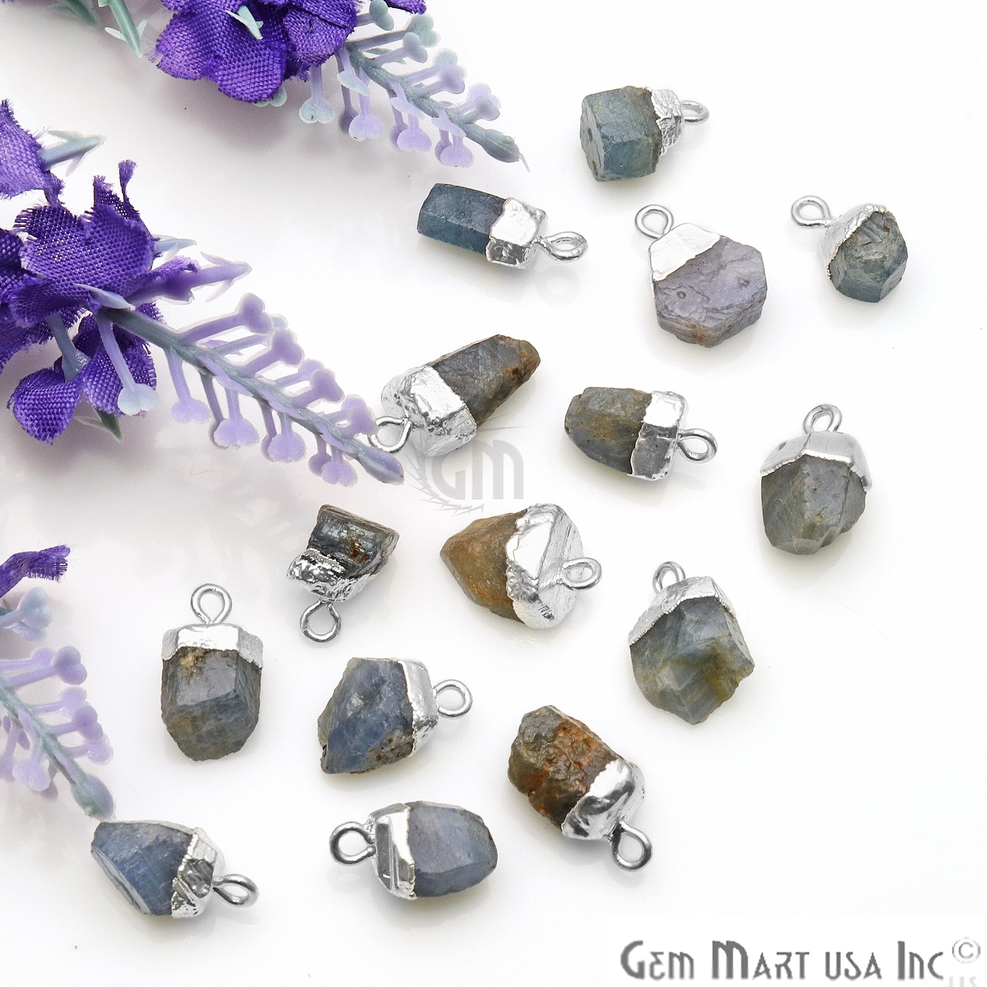 Rough Sapphire Gemstone 14x9mm Organic Silver Edged Connector - GemMartUSA
