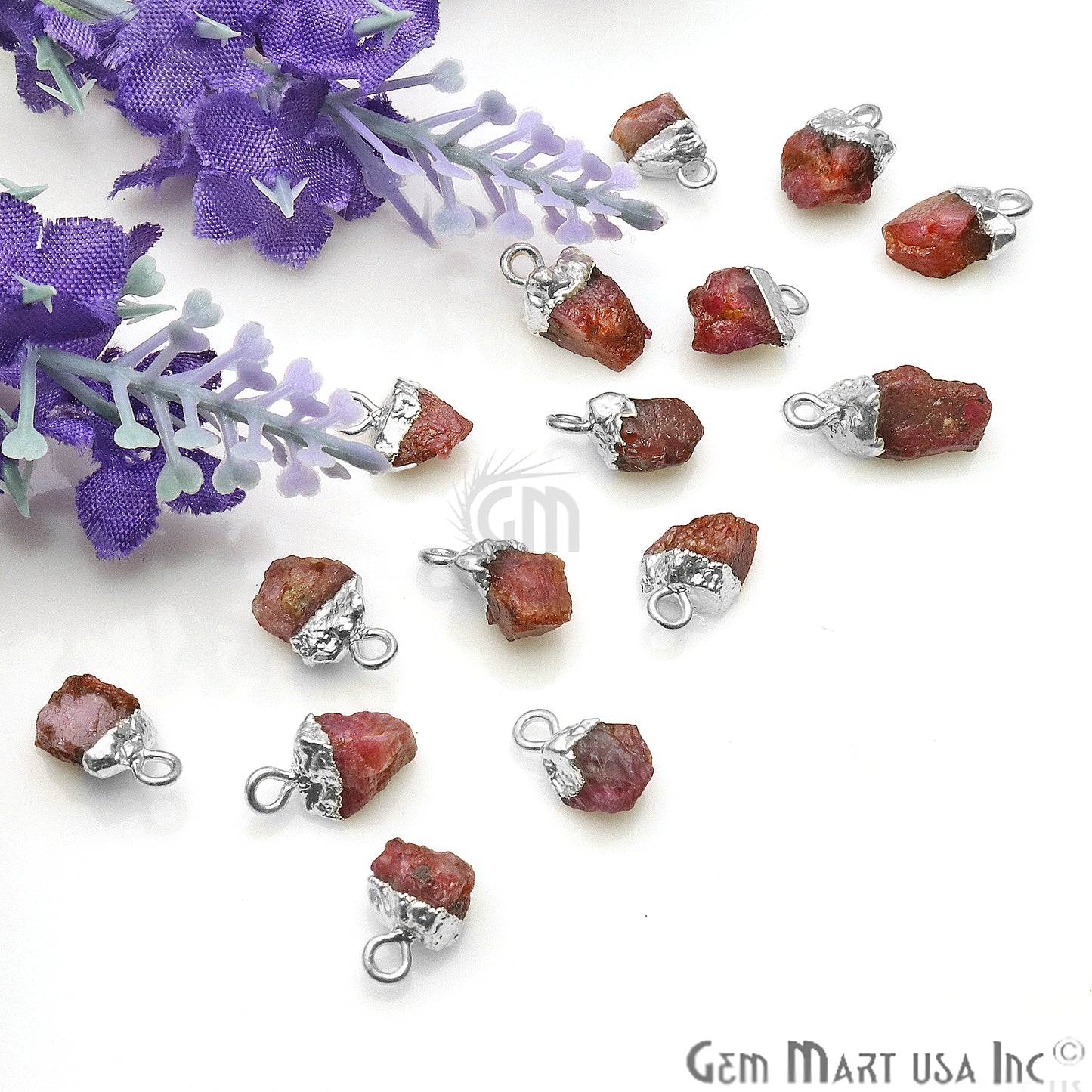 Rough Ruby Gemstone 14x6mm Organic Silver Edged Connector - GemMartUSA