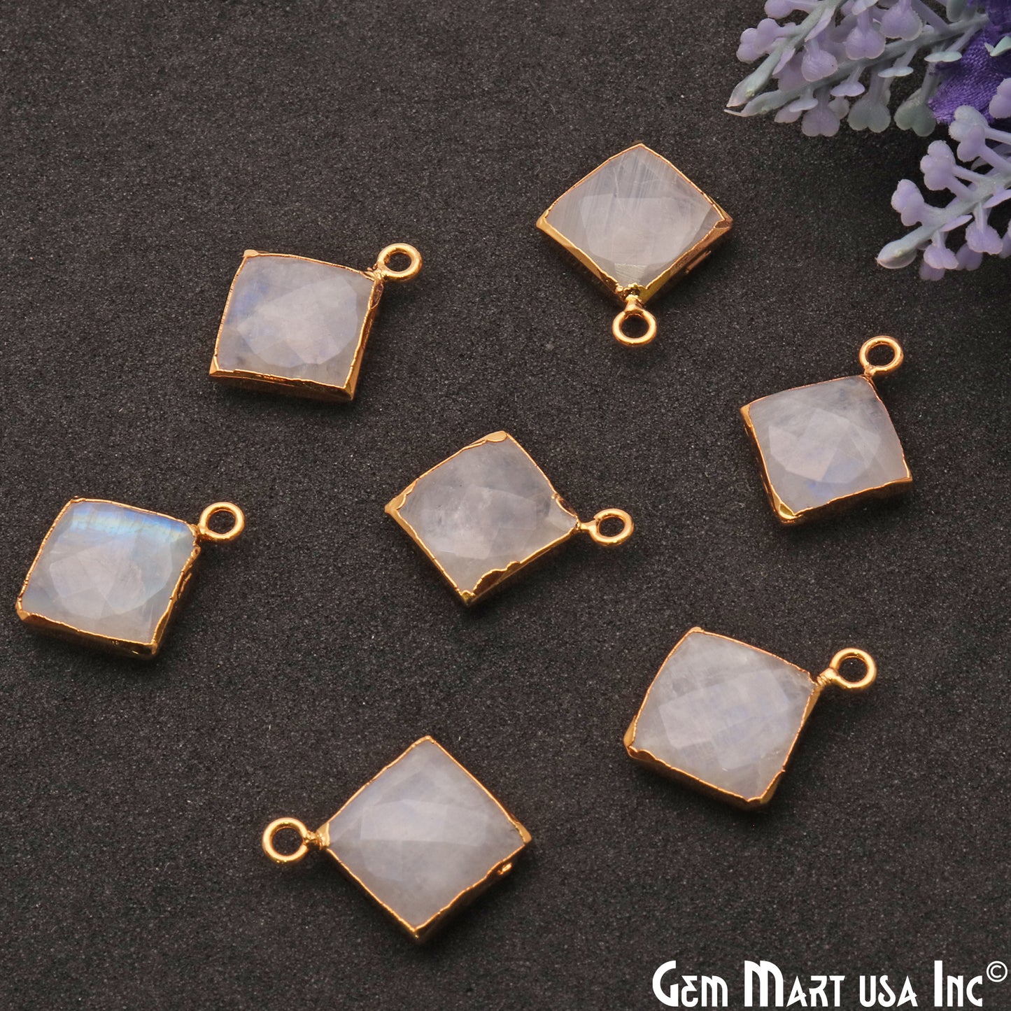 Rainbow Moonstone 12mm Square Gold Plated Single Bail Connector - GemMartUSA
