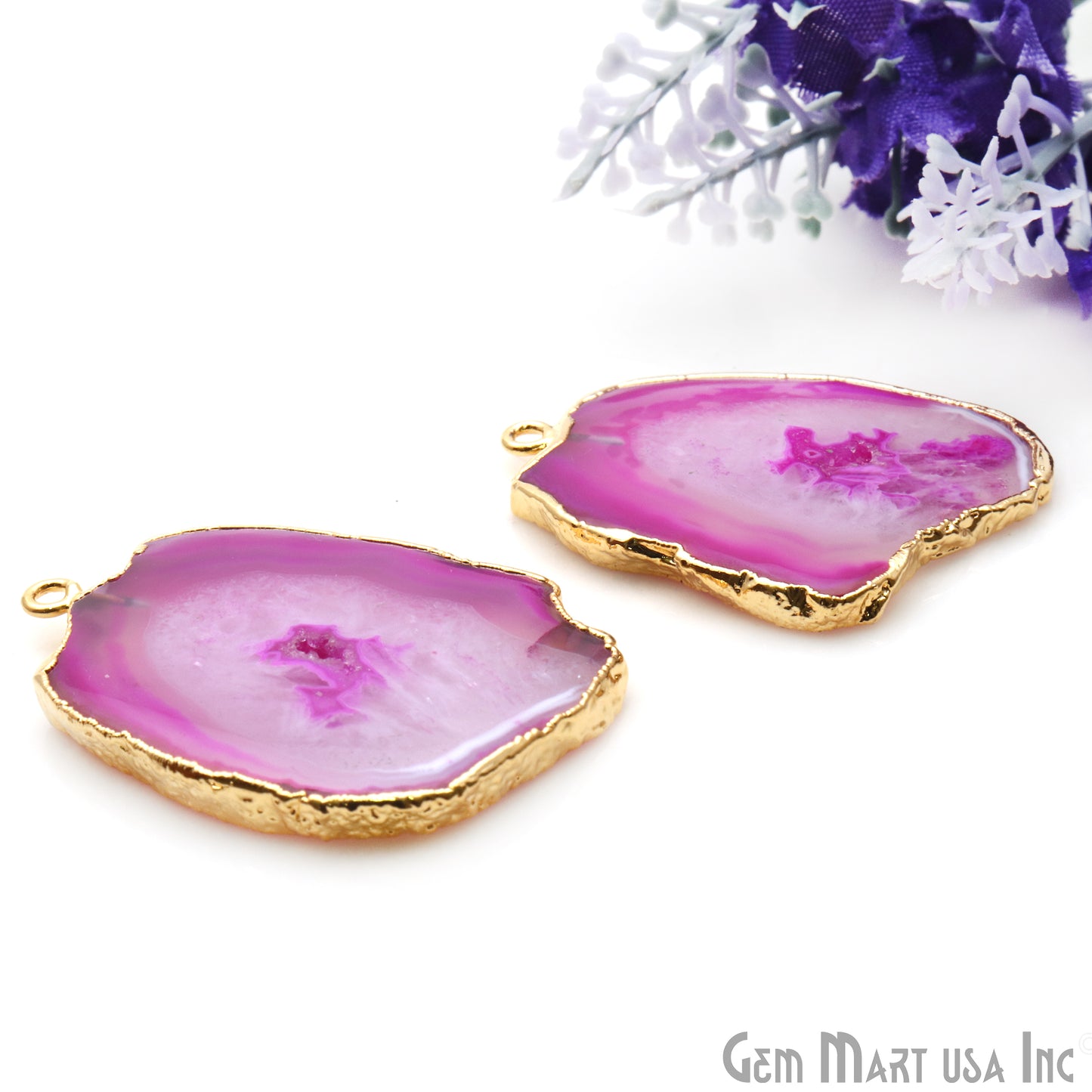 Agate Slice 40x29mm Organic Gold Electroplated Gemstone Earring Connector 1 Pair - GemMartUSA