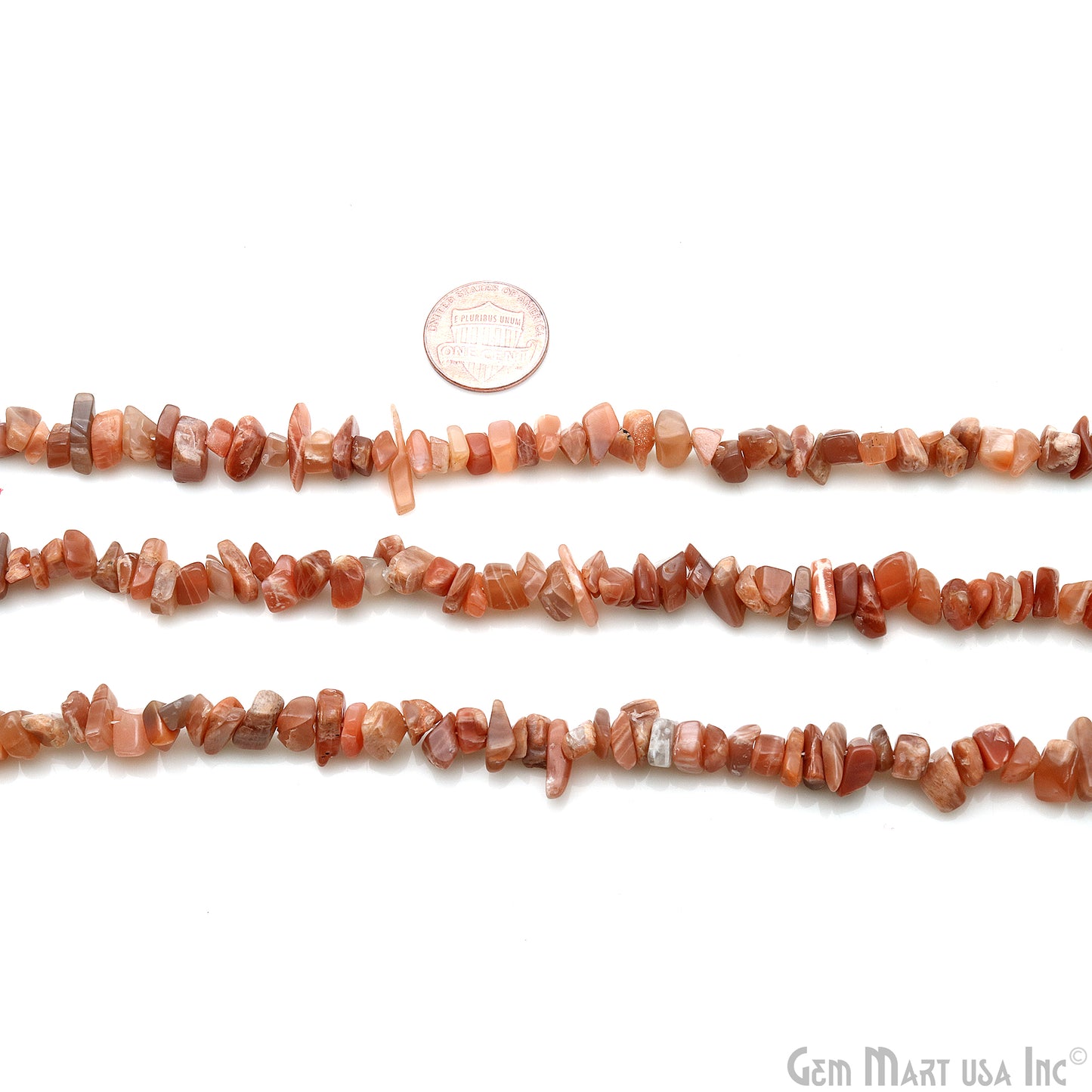 Peach Moonstone Chip Beads, 34 Inch, Natural Chip Strands, Drilled Strung Nugget Beads, 7-10mm, Polished, GemmartUSA (CHMO-70004)