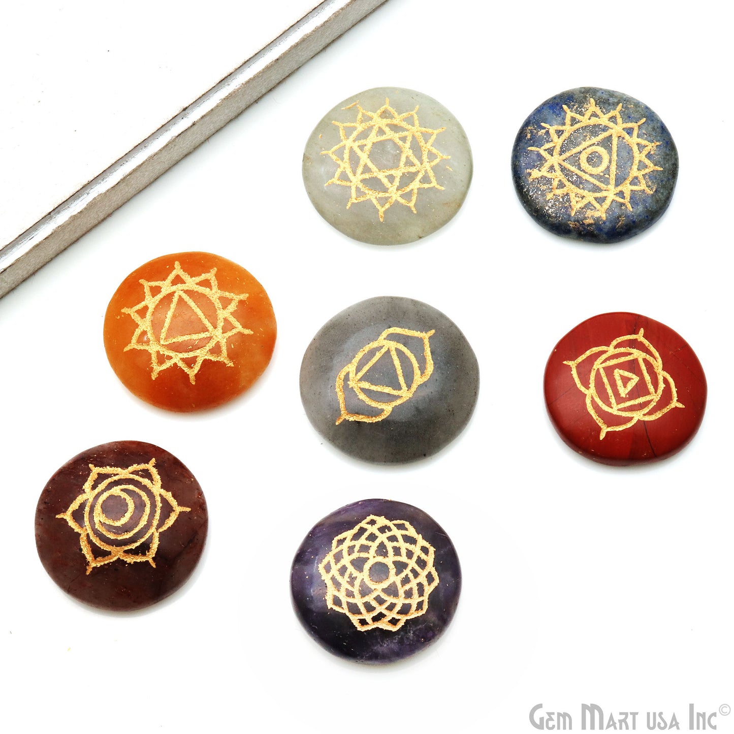 7 Chakra Of Life Healing Round 29mm Gold Engraved Symbols Gemstones