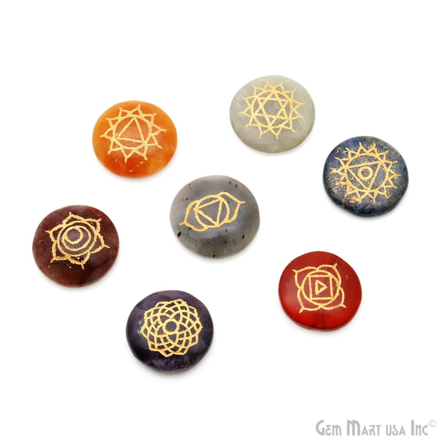 7 Chakra Of Life Healing Round 29mm Gold Engraved Symbols Gemstones