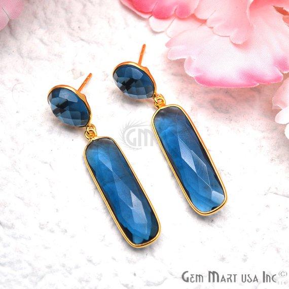 Rectangle and Round Shape 46x10mm Gold Plated Gemstone Dangle Studs (Pick your Gemstone) (90230-1) - GemMartUSA