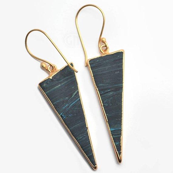 Triangle Shape 42x16mm Gold Plated Sediment Jasper Hook Earrings 1Pair (Pick your Gemstone) - GemMartUSA