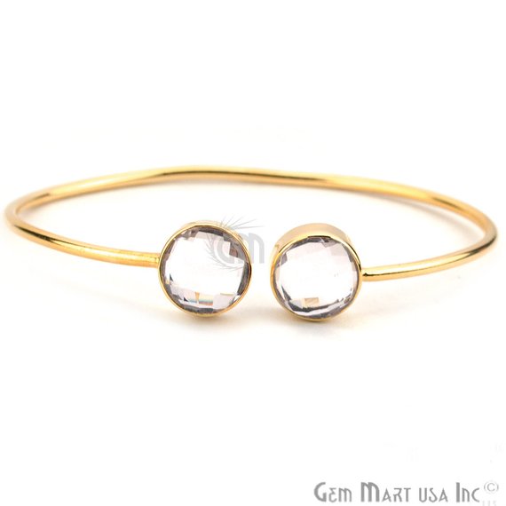 Double Gemstone 12mm Round Shape Gold Adjustable Bangle Bracelet (Choose Gemstone) - GemMartUSA