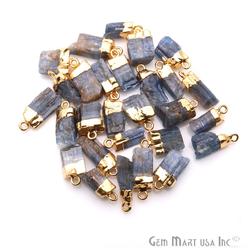 Rough Kyanite Gemstone 13x8mm Organic Gold Edged Connector - GemMartUSA