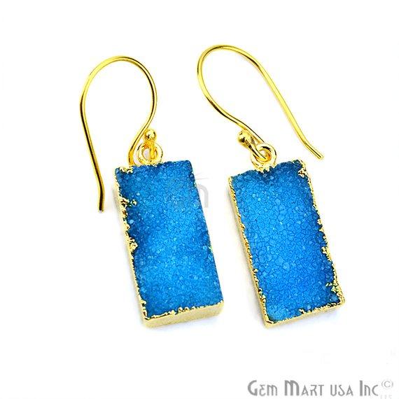 Druzy Gold Electroplated 10x38mm Rectangle Shape Gemstone Dangle Hook Earring Pic Your Color (90145-1) - GemMartUSA