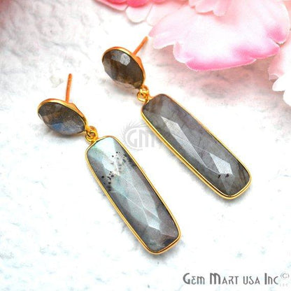 Rectangle and Round Shape 46x10mm Gold Plated Gemstone Dangle Studs (Pick your Gemstone) (90230-1) - GemMartUSA