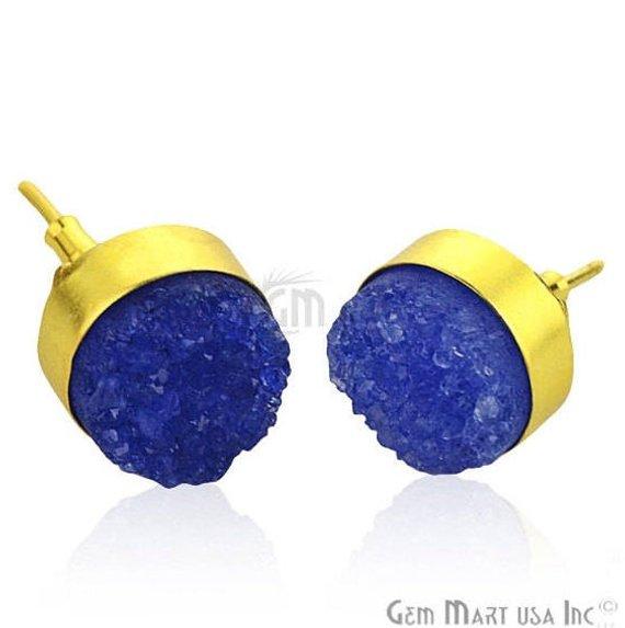 Handmade Rough Studs Druzy Bezel Setting Oval 15mm Gold Plated Stud Earring (90003-1) - GemMartUSA