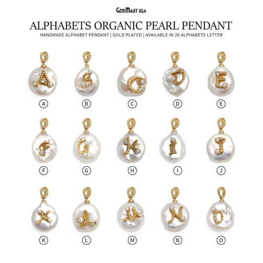 Alphabets Organic Freshwater Pearl Gold Plated Single Bail Pendant, Letter Charms, Personalized Necklace