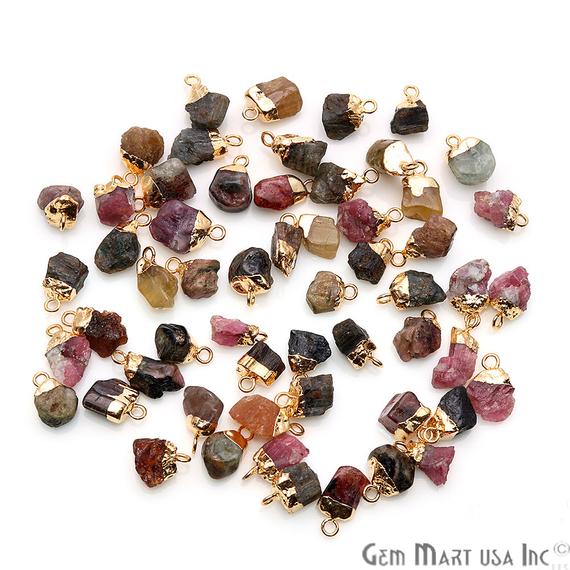 Rough Multi Tourmaline Organic Shape 13x7mm Gold Edged Bracelets Charm Connectors - GemMartUSA