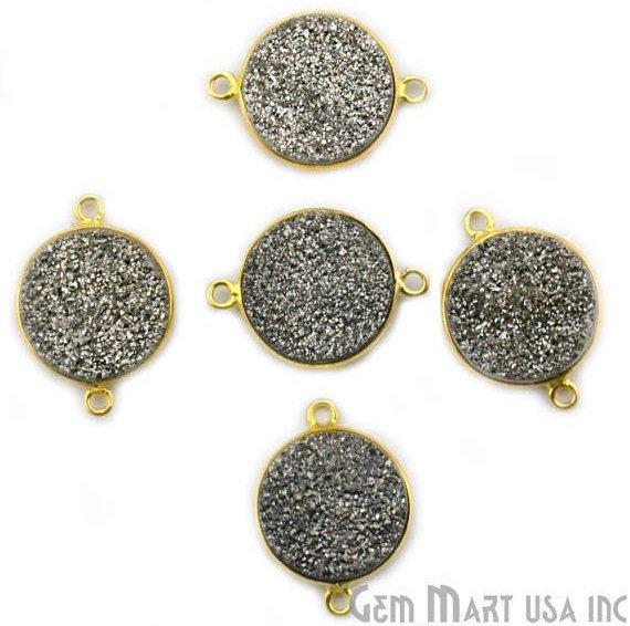 Natural Titanium Druzy 14mm Round Gold Double Bail Gemstone Connector